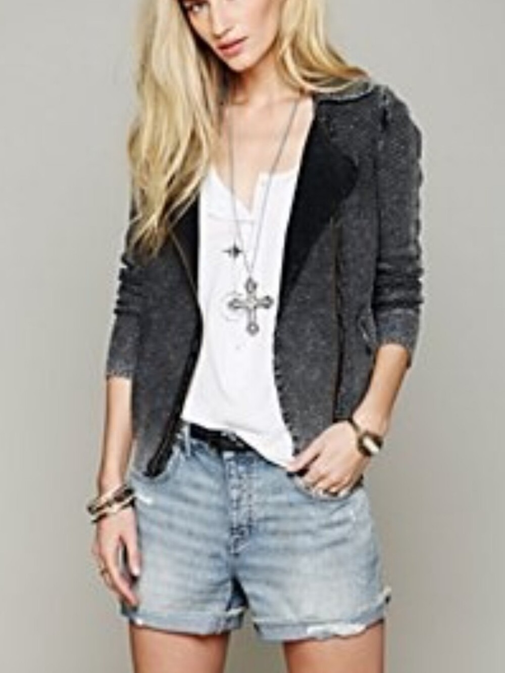 Free People Grey 💯 Cotton Knit Warm & Cool Moto Sweater Jacket, Size L ~ EUC